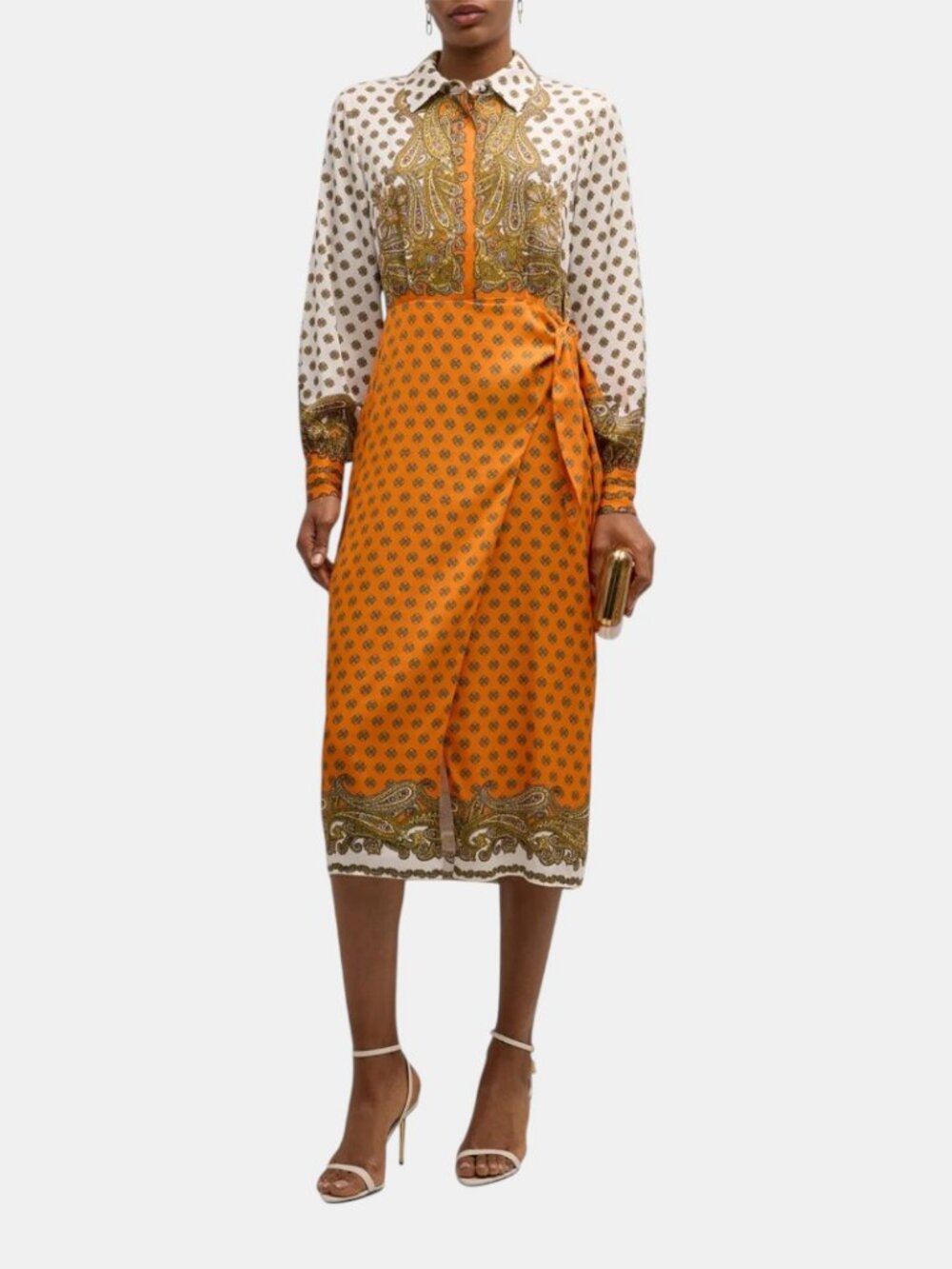 TAHARI THE VERO PAISLEY PRINT MIDI WRAP SHIRTDRESS ORANGE SILK BLEND NWOT SIZE M